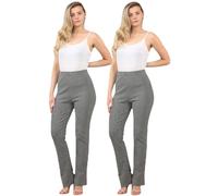 Pack of 2 Ladies Stretch Bootleg Trousers - Soft Ribbed Work Pants with Elastic Waist - Women’s Flared Leggings Grey Pull On Office Bottoms - Petite & Plus Size-(Grey 14W/29L)