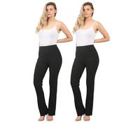 Pack of 2 Ladies Stretch Bootleg Trousers - Soft Ribbed Work Pants with Elastic Waist - Women’s Flared Leggings Black Pull On Office Bottoms - Petite & Plus Size-(Black 14W/29L)
