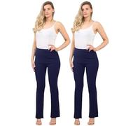 Pack of 2 Ladies Stretch Bootleg Trousers - Soft Ribbed Work Pants with Elastic Waist - Women’s Flared Leggings Navy Pull On Office Bottoms - Petite & Plus Size-(Navy 18W/29L)
