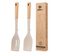 Pack of 2 Large Silicone Cooking Spoons, Heat Resistant Non Stick Kitchen Utensils with Wooden Handle, Ideal for Mixing, Stirring, Serving, Cooking(Khaki)