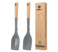 Pack of 2 Large Silicone Cooking Spoons, Heat Resistant Non Stick Kitchen Utensils with Wooden Handle, Ideal for Mixing, Stirring, Serving, Cooking(Gray)