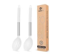 Pack of 2 Large Silicone Cooking Spoons,Non Stick Solid Basting Spoon,Heat-Resistant Kitchen Utensils for Mixing,Serving,Draining,Stirring (White)