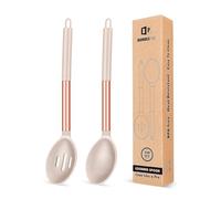 Pack of 2 Large Silicone Cooking Spoons,Non Stick Solid Basting Spoon,Heat-Resistant Kitchen Utensils for Mixing,Serving,Draining,Stirring (Rose Gold-Khaki)