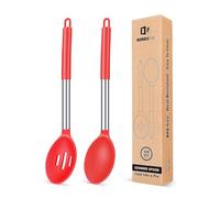 Pack of 2 Large Silicone Cooking Spoons,Non Stick Solid Basting Spoon,Heat-Resistant Kitchen Utensils for Mixing,Serving,Draining,Stirring (RED)