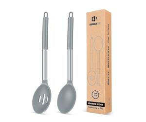 Pack of 2 Large Silicone Cooking Spoons,Non Stick Solid Basting Spoon,Heat-Resistant Kitchen Utensils for Mixing,Serving,Draining,Stirring (Gray)