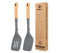 Pack of 2 Large Silicone Spatula, Heat Resistant Solid Turner, Non Stick Slotted Spatulas with Wooden Handle, Ideal Kitchen Utensils for Flipping, Pancakes, Eggs, Fish(Gray)