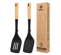Pack of 2 Large Silicone Spatula, Heat Resistant Solid Turner, Non Stick Slotted Spatulas with Wooden Handle, Ideal Kitchen Utensils for Flipping, Pancakes, Eggs, Fish(Black)