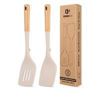 Pack of 2 Large Silicone Spatula, Heat Resistant Solid Turner, Non Stick Slotted Spatulas with Wooden Handle, Ideal Kitchen Utensils for Flipping, Pancakes, Eggs, Fish(Khaki)