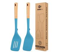Pack of 2 Large Silicone Spatula, Heat Resistant Solid Turner, Non Stick Slotted Spatulas with Wooden Handle, Ideal Kitchen Utensils for Flipping, Pancakes, Eggs, Fish(Blue)