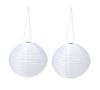 Pack of 2 LED Oriental Garden Lanterns | Solar Powered Round White Outdoor Lanterns | Bamboo Style Ribbed Hanging Garden Lights - 28cm