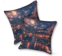 Pack of 2 Linen Soft Decorative Cushion Covers 40x40cm Square Throw Pillow Cases for Living Room Sofa Bedroom with Invisible Zipper Modern Home, outdoor waterproof, Ancient Architecture Moon, A233