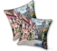 Pack of 2 Linen Soft Decorative Cushion Covers 45x45cm Square Throw Pillow Cases for Living Room Sofa Bedroom with Invisible Zipper Modern Home Decor, outdoor waterproof, Street Bell Tower, A-425