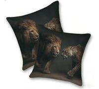 Pack of 2 Linen Soft Decorative Cushion Covers 45x45cm Square Throw Pillow Cases for Living Room Sofa Bedroom with Invisible Zipper Modern Home Decor, outdoor waterproof, Lion And Leopard, A-808