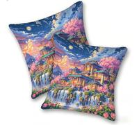 Pack of 2 Linen Soft Decorative Cushion Covers 50x50cm Square Throw Pillow Cases for Living Room Sofa Bedroom with Invisible Zipper Home, outdoor waterproof, Landscape Ancient Architecture, A431