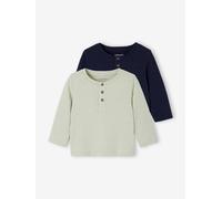 Pack of 2 Long-Sleeved Grandad-Style T-Shirts for Babies, Basics grey green