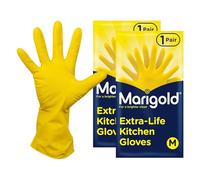 Pack of 2 Marigold Extra-Life Kitchen Gloves - Medium, Triple Layer Rubber Gloves with Cotton Lining, Roll-Top Cuffs & Anti-Slip Grip - Ideal for Durable Household Cleaning & Washing-Up