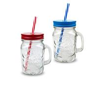 Pack of 2 Mason Jars with Handles, 500 ml Durable Drinking Glasses with Lids, Straws - Perfect for Cold Beverages Including Juices and Smoothies - Ergonomic and Comes in Attractive Hues and Designs