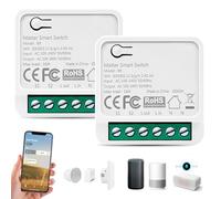 Pack of 2 Matte Switch, 42.5 x 42.5 x 20 mm, WLAN Light Switch, Flush-Mounted, Alexa Light Switch, Smart Life, Matte Relay Switch, 16A PC Flame Retardant for Intelligent Home Automation, White