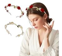Pack of 2 Pearl Headbands with Red Rose and White Rose, Bridal Hair Bands with Rhinestones Crystal Pearls Headbands for Bridal Hair Decoration