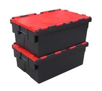 Pack of 2 - Plastic 45 Litre Heavy Duty Storage Box Tote Crates (60 x 40 x 25.5cm) Plastor Black Body with Red Attached Hinged Lids