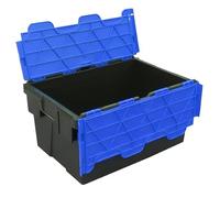 Pack of 2 - Plastic 55 Litre Heavy Duty Storage Box Tote Crates (60 x 40 x 30.6cm) Plastor Black with Blue Attached Hinged Lids