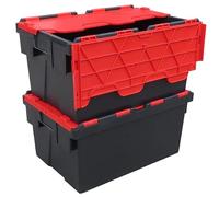 Pack of 2 - Plastic 55 Litre Heavy Duty Storage Box Tote Crates (60 x 40 x 30.6cm) Plastor Black with Red Attached Hinged Lids