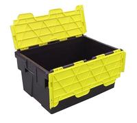 Pack of 2 - Plastic 55 Litre Heavy Duty Storage Box Tote Crates (60 x 40 x 30.6cm) Plastor Black with Yellow Attached Hinged Lids