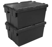 Pack of 2 - Plastic 55 Litre Heavy Duty Storage Boxes (60 x 40 x 30.6cm) Plastor Black Crates with Attached Hinged Lids