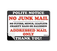 Pack of 2 PREMIUM LAMINATED Polite Notice Door Stickers, No Junk Mail Flyers Leaflets Menus, Self-adhesive Vinyl, 10x7cm, Door Sticker Sign label decal