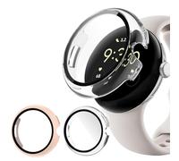[Pack of 2] Protective Case with Tempered Glass for Google Pixel Watch 3 41/45 mm, Protective All-Round Screen Protector Hard Bumper PC Film Smartwatch Case (Pink+Clear, 45 mm)