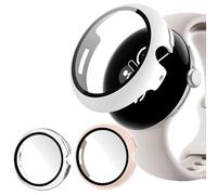 [Pack of 2] Protective Case with Tempered Glass for Google Pixel Watch 3 41/45 mm, Protective All-Round Screen Protector Hard Bumper PC Film Smartwatch Case (White + Pink, 45 mm)