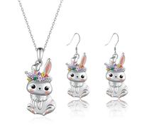 Pack of 2 Rabbit Jewellery Set, Rabbit Necklace and Earrings with Flower Wreath, Easter Gifts, Rabbit Pendant, Animal Earrings for Women, Boys, Girls, Birthday Party