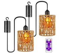 Pack of 2 Rattan Hanging Lights, E27 Outdoor Lighting Pendant Lamp with Battery, Portable Boho Rattan Lampshade, Hanging Lamp Outdoor for Patio, Bar, Garden, Patio, Living Room, Bedroom