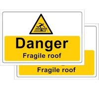 Pack of 2 rigid plastic signs 300mm x 200mm x 3mm with rounded corners -Danger fragile roof