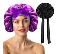 Pack of 2 Satin Hair Bonnets for Women - Double-Sided Silk Bonnet for Sleeping, Hair Protection for The Night, Hair Bonnet for Bath, Tie Band for Women Long Curly Braid Hair Black Purple