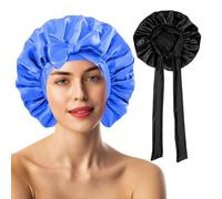 Pack of 2 Satin Hair Bonnets for Women - Double-Sided Silk Bonnet for Sleeping, Hair Protection for The Night, Hair Bonnet for Bath, Tie Band for Women Long Curly Braid Hair Black Blue