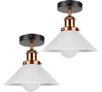 Pack of 2 Semi Flush Mount Ceiling Lights with Painted Metal Cone Shade and Yellow Brass E27 Holder Hardwired Lighting Fixture for Kitchen Hallway Bedroom Living Room Farmhouse Style White With Bulb