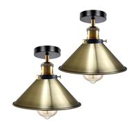 LEDSone Farmhouse Style Pack of 2 Semi Flush Mount Ceiling Lights with Green Brass Metal Cone Shade E27 Holder Hardwired Fixture for Kitchen Hallway Bedroom Living Room Green Brass with Bulb