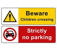 Pack of 2 signs 300mm x 200mm x 3mm with rounded corners - Beware children crossing Strictly no parking