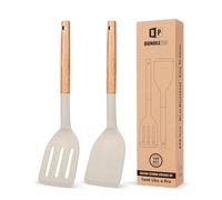 Pack of 2 Silicone Cooking Spatula, Heat Resistant Solid Turner, Non Stick Slotted Spatulas with Wooden Handle,Ideal Wood Kitchen Utensils Set for Frying, Baking, Flipping, Turning