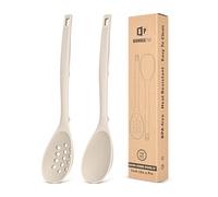 Pack of 2 Silicone Cooking Spoons, Non Stick Solid Kitchen Spoon with Measuring Marks & Back Hooks, Heat Resistant Silicone Slotted Spoon for Cooking, Mixing, Stirring,Serving(Khaki)