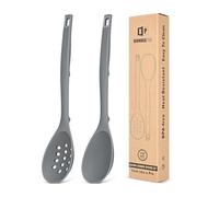 Pack of 2 Silicone Cooking Spoons, Non Stick Solid Kitchen Spoon with Measuring Marks & Back Hooks, Heat Resistant Silicone Slotted Spoon for Cooking, Mixing, Stirring,Serving (Gray)