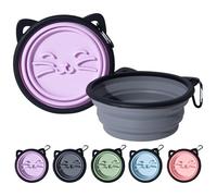 Pack of 2 Silicone Dog Bowls, Foldable, Cute Cat Shape with Cat Beard Pattern, Travel Bowl for Dogs on the Go, Ideal for Hiking, Camping and Walking (Purple and Grey)