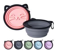 Pack of 2 Silicone Dog Bowls, Foldable, Cute Cat Shape with Cat Beard Pattern, Travel Bowl for Dogs on the Go, Ideal for Hiking, Camping and Walking (Pink and Grey)