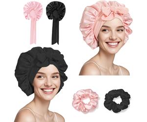 Pack of 2 Silk Caps for Sleeping with Hair Bobbles, Adjustable Satin Hair Cap, S