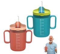 Pack of 2 Sippy Cups for Seniors 300 ml, Leak-proof Drinking Cup with Double Handle & Straw, Sippy Cup for Elderly, Sippy Cup Adult with Lid, Drinking Reminder Capacity Marking