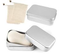 Pack of 2 Soap Box Travel Waterproof Soap Box Solid Shampoo Storage Soap Dish Metal Aluminium with Soap Bar Bag, Draining Rack Soap Box with Lid - Rectangle