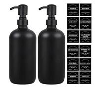 Pack of 2 Soap Dispensers Black Matt Soap Dispenser Kitchen 480 ml Refillable Glass Soap Dispenser with Stainless Steel Pump, Contains 12 Types of Waterproof Labels