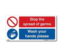 Pack of 2 Stop the spread of germs, wash your hands please Sign -200x100mm Self-adhesive vinyl - Health and Safety Hygiene Prohibition Virus Risk