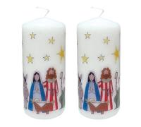 Pack of 2 The Nativity Christmas Pillar Candles | Decorative Festive Candles with Colourful Wise Men & Shepherd Crib Scene - 13cm